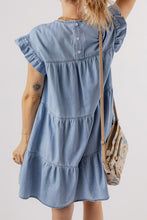 Load image into Gallery viewer, Denim Dress | Blue Ruffle Short Sleeve Tiered A-line Dress
