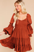 Load image into Gallery viewer, Brown Boho Solid Shirred Ruffle Mini Dress | Dresses/Mini Dresses
