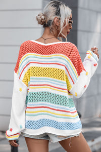 Multicolor Hollow Striped Knit Contrast Sleeve Sweater | Tops/Sweaters & Cardigans