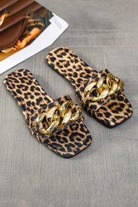 Brown Chain Decor Leopard Slide Sandals