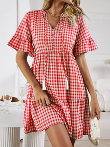 Mini Dress | Plaid Flounce Sleeve Buttoned