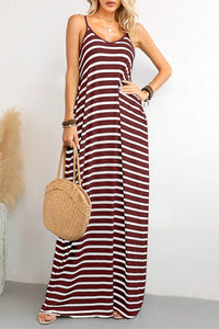 Maxi Dress | Red Stripe Side Pockets Spaghetti Straps Dress