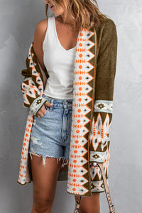 Brown Aztec Print Open Front Knitted Cardigan | Tops/Sweaters & Cardigans