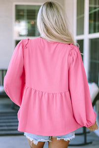 Pink Frilled V Neck Puff Sleeve Babydoll Blouse | Tops/Blouses & Shirts