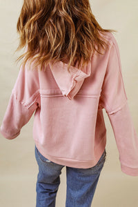 Pink Casual Button Solid Patchwork Trim Hoodie | Tops/Sweatshirts & Hoodies