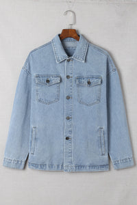 Sky Blue Acid Wash Flap Pocket Boyfriend Shacket | Outerwear/Denim jackets