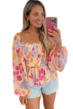 Load image into Gallery viewer, Womens Blouse | Pink Floral Print Smocked Long Sleeve Peplum Blouse | Tops/Blouses &amp; Shirts
