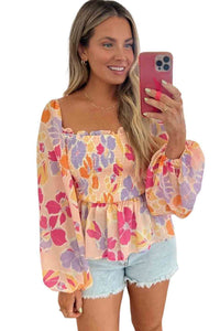 Womens Blouse | Pink Floral Print Smocked Long Sleeve Peplum Blouse | Tops/Blouses & Shirts