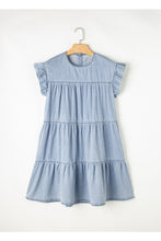 Load image into Gallery viewer, Denim Dress | Blue Ruffle Short Sleeve Tiered A-line Dress
