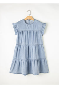 Denim Dress | Blue Ruffle Short Sleeve Tiered A-line Dress