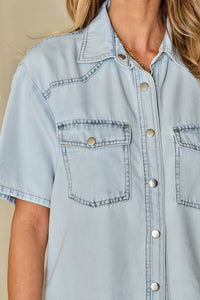 Mist Blue Vintage Light Wash Flap Pockets Rounded Hem Shirt | Tops/Blouses & Shirts