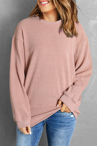 Pullover Sweatshirt | Pink Solid Ribbed Knit Round Neck