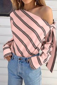 Tied Shoulder Blouse | Pink Striped Asymmetric Top