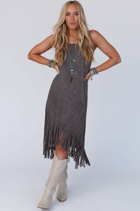 Gray Round Neck Sleeveless Fringe Hem Long Dress