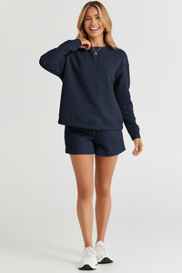 Drawstring Shorts Set | Navy Blue Textured Long Sleeve Top