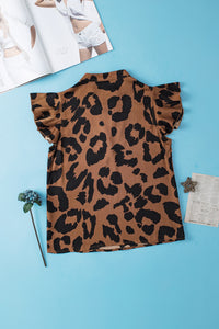 Ruffled Sleeve Blouse | Brown Leopard Split Neck Top