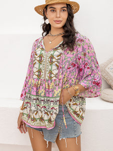 Tie Neck Bohemian Blouse | Plus Size Three-Quarter Sleeve Top