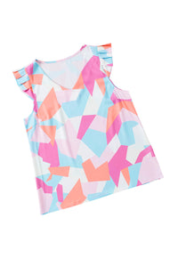 Womens Top | Multicolor Pastel Geometric Print V-Neck Pleated Cap Sleeve Top | Tops/Tops & Tees