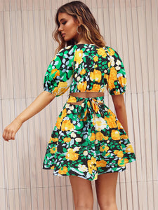 Printed Surplice Short Sleeve Dress | Dress