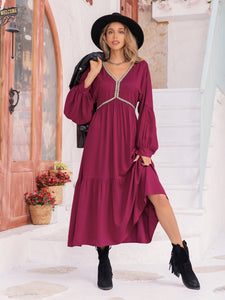 Bohemian Midi Dress | V-Neck Lantern Sleeve Dress