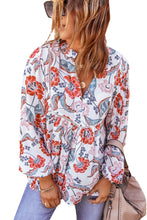 Load image into Gallery viewer, Fiery Red Split Neck Bubble Sleeve Floral Patchwork Blouse
