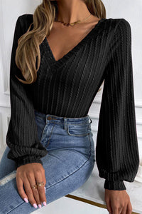 Lantern Sleeve Top | Black Knitted Jacquard V Neck