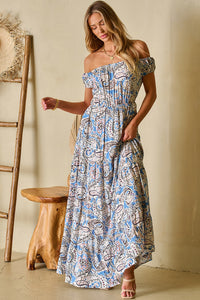 Blue Boho Paisley Print Off Shoulder Maxi Dress | Dresses/Floral Dresses