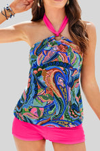 Load image into Gallery viewer, Green Tropical Print Halter Tankini with Swim Shorts
