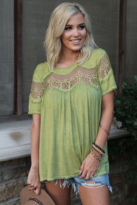 Green Mesh Lace Trim Short Sleeve Top | Tops/Tops & Tees