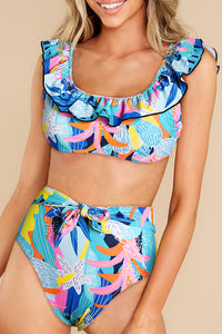 Green Tropical Print Ruffled Square Neck Tie High Waist Swimsuit | Swimwear/High Waisted Swimsuit