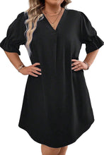 Load image into Gallery viewer, Plus Size Mini Dress | Black Solid Ruffled Puff Sleeve V Neck
