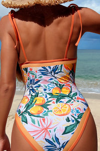 Orange Fruit Plant Print Tied Straps V Neck One Piece Swimsuit | Swimwear/One Piece Swimsuit