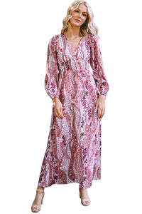 Boho Maxi Dress | Paisley Print V Neck Empire Waist