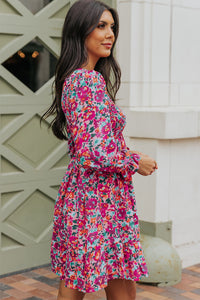 Purple Smocked V Neck Puffy Sleeve Floral Dress | Dresses/Floral Dresses