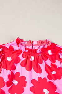 Puff Sleeves Top | Rose Floral Frill Neckline Blouse