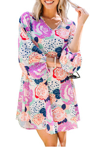 Floral Print Dress | Multicolor Bubble Sleeve Blooming Flowers