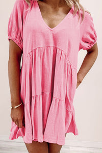 Strawberry Pink Puff Sleeve V Neck Tiered Swing Dress | Dresses/Mini Dresses