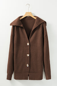 Brown Chunky Knit Lapel Collar Button up Cardigan