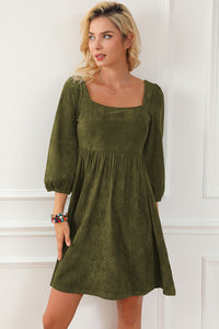 Jungle Green Suede Square Neck Puff Sleeve Dress