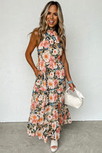 Load image into Gallery viewer, Black Boho Floral Print Knotted Halter Ruffled Maxi Dress | Dresses/Maxi Dresses
