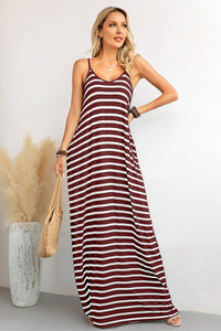 Maxi Dress | Red Stripe Side Pockets Spaghetti Straps Dress