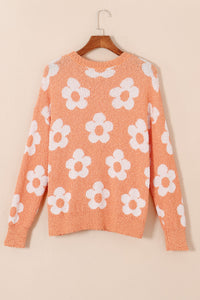 Grapefruit Orange Fuzzy Floral Knitted Drop Shoulder Sweater | Tops/Sweaters & Cardigans