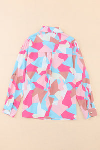 Pink Geometric Block Printed Roll Tab Sleeve Shirt | Tops/Blouses & Shirts