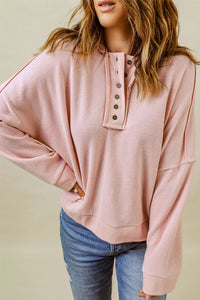 Pink Casual Button Solid Patchwork Trim Hoodie | Tops/Sweatshirts & Hoodies