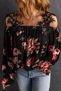 Black Floral Print Lace Patchwork Loose Cold Shoulder Blouse | Tops/Blouses & Shirts