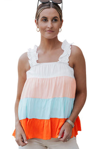 Tank Top | White Frill Straps Color Block Tiered Blouse