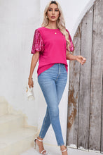 Load image into Gallery viewer, Rose Red Contrast Sequin Puff Sleeve T Shirt
