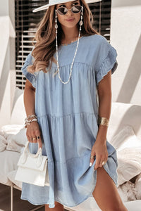 Denim Dress | Blue Ruffle Short Sleeve Tiered A-line Dress