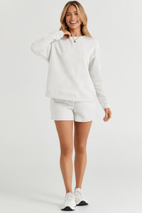 Drawstring Shorts Set | White Textured Long Sleeve Top