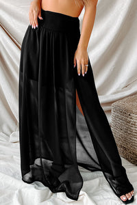 Beach Maxi Skirt | Black High Waist Chiffon Split Beach Skirt